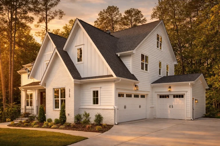 House Plans with Home Office 5 Front elevation of a Modern Farmhouse style home with board and batten siding, painted brick exterior, steep gabled rooflines, and attached garage