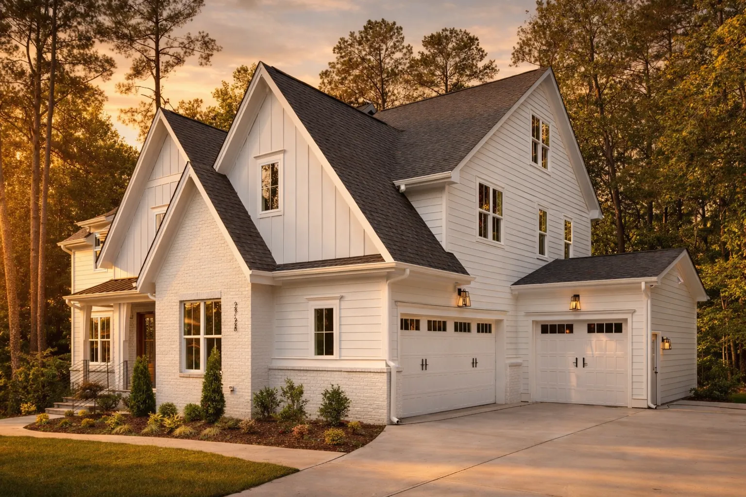 House Plans with Basement Bedrooms 13 Front elevation of a Modern Farmhouse style home with board and batten siding, painted brick exterior, steep gabled rooflines, and attached garage