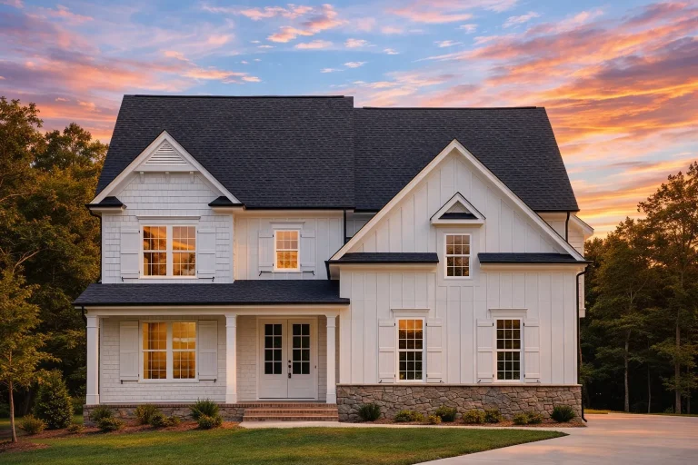 Front elevation of a New American style two-story house featuring horizontal siding, board-and-batten accents, stone veneer, and a covered front porch