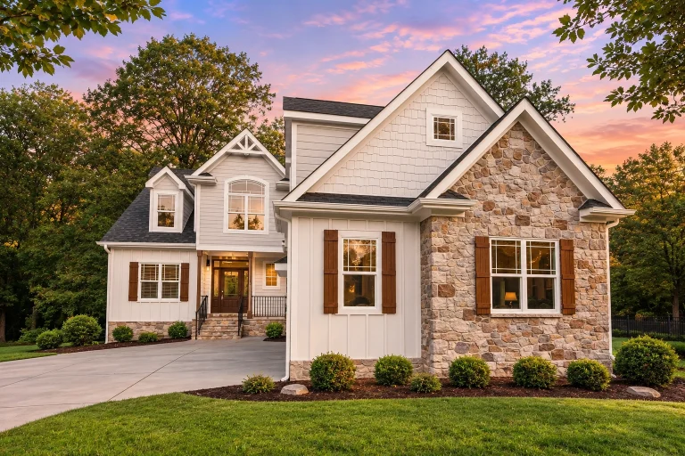Front elevation of a New American Craftsman style home featuring stone exterior, horizontal siding, board and batten accents, and decorative wood shutters