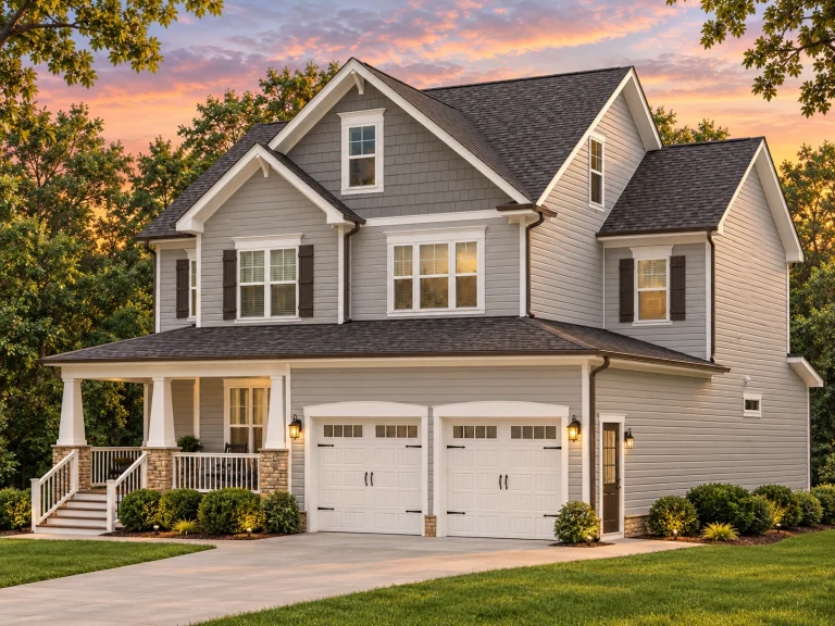 Front elevation of a New American modern traditional suburban house with horizontal siding, stone porch columns, covered front porch, and two-car garage