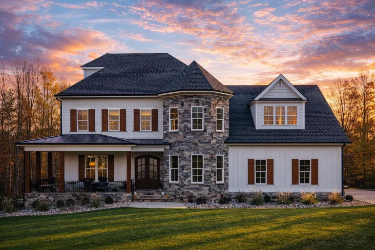 Front elevation of a Transitional Farmhouse style home with stone veneer, white horizontal lap siding, covered porch, and gabled roof at sunset