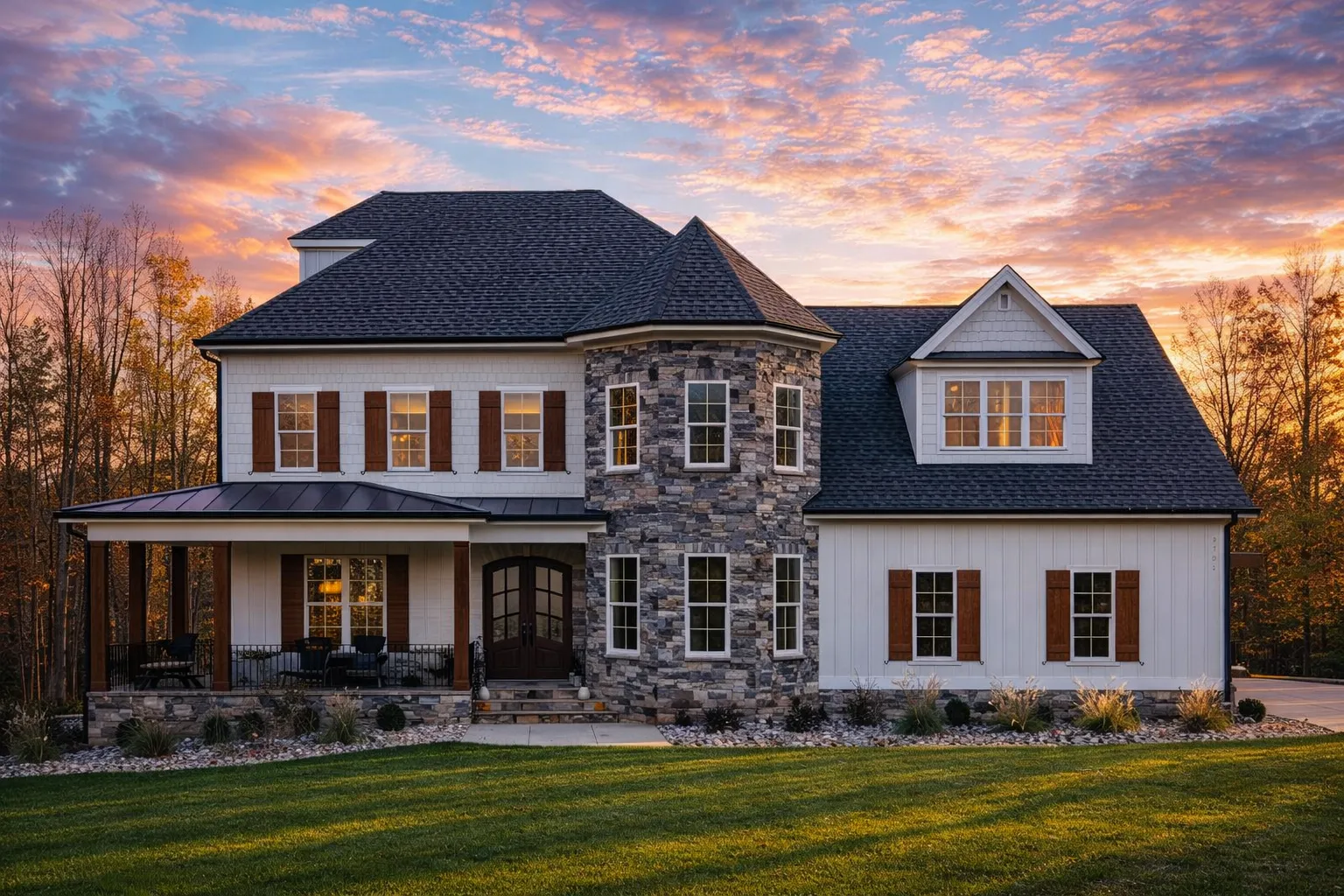Log Cabin House Plans 21 Front elevation of a Transitional Farmhouse style home with stone veneer, white horizontal lap siding, covered porch, and gabled roof at sunset