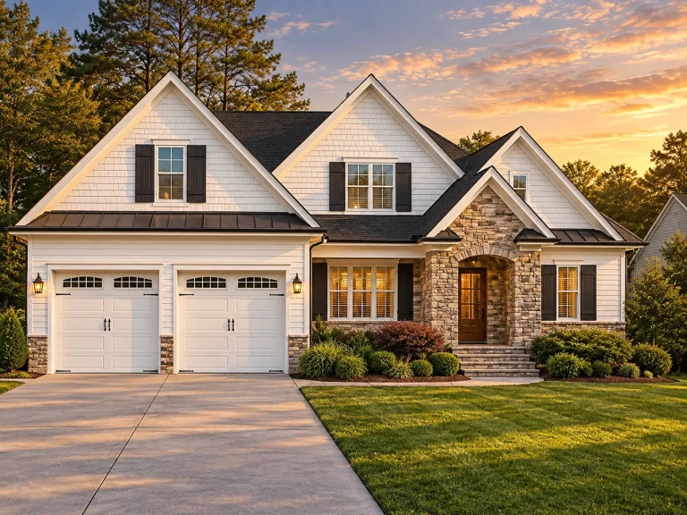 Front elevation of a New American Modern Farmhouse style home featuring stone accents, shingle gables, lap siding, and an inviting covered porch