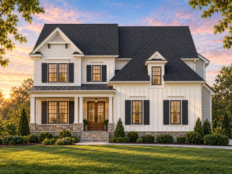 Top Designer-Approved House Plans 25 Front elevation of a New American style two-story house featuring horizontal siding, board-and-batten accents, stone veneer, and a covered front porch