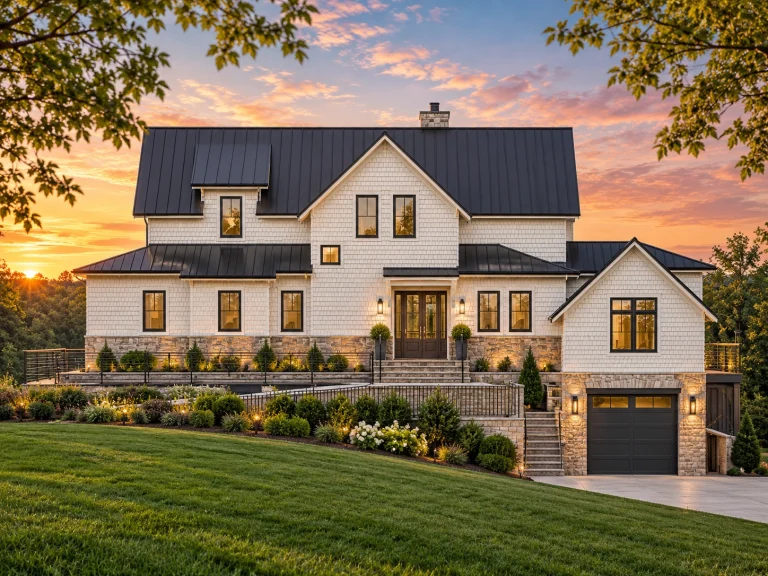 Top Designer-Approved House Plans 24 Front elevation of a New American modern traditional house with board and batten siding, stone foundation, metal roof, and side-entry garage