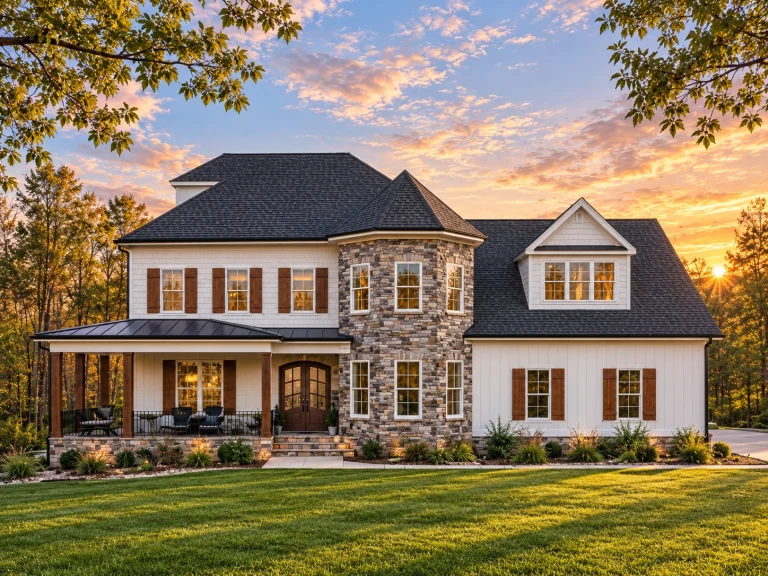 Front elevation of a Transitional Farmhouse style home with stone veneer, white horizontal lap siding, covered porch, and gabled roof at sunset