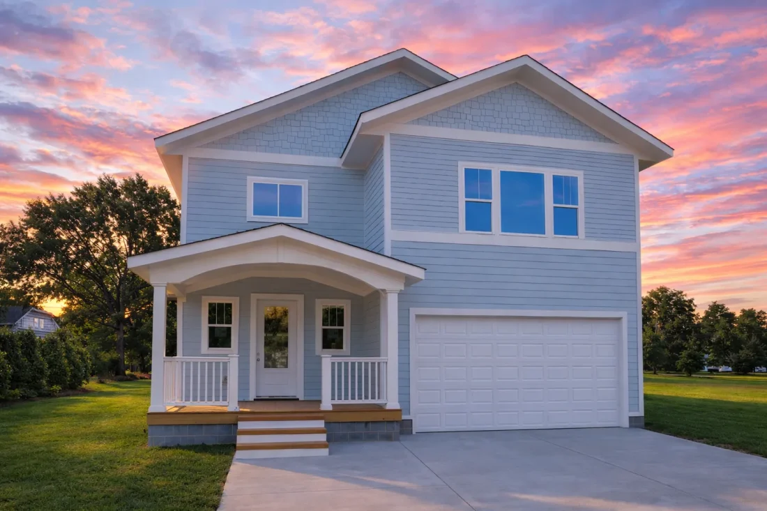 Front elevation of a Craftsman Traditional style two-story house featuring lap siding, shingle gables, stone accents, and a welcoming covered entry with tapered columns.