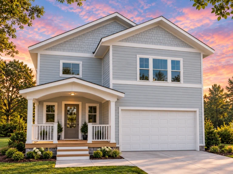 House Plans with Fireplace 1 Front elevation of a Craftsman Traditional style two-story house featuring lap siding, shingle gables, stone accents, and a welcoming covered entry with tapered columns.
