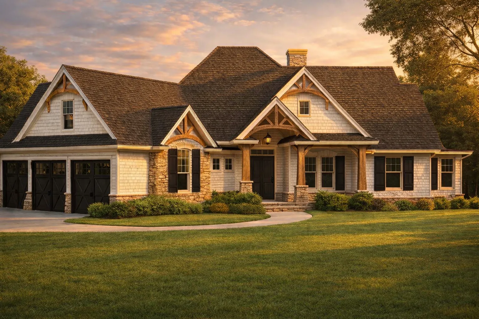 Front view of a Rustic Craftsman Lodge style home featuring wood siding, stone accents, shake roofing, and a covered porch entry