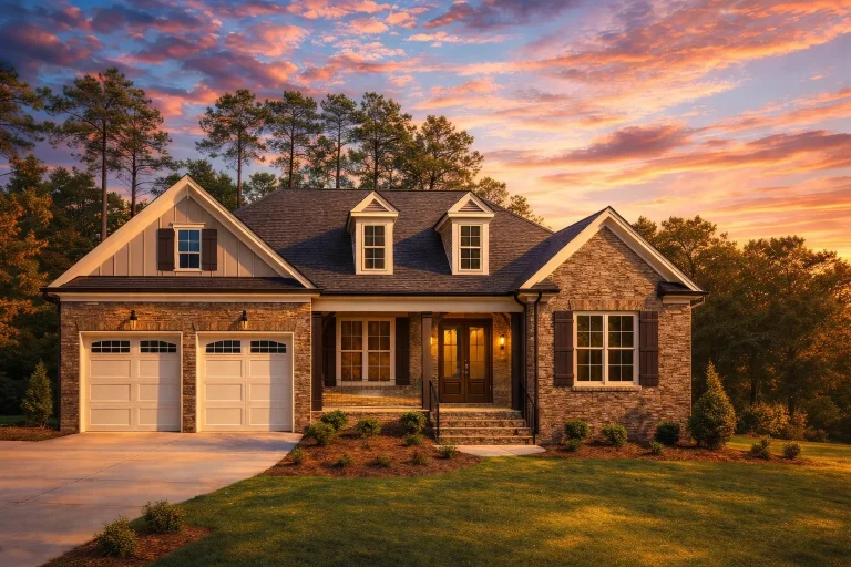 Front elevation of a Traditional Craftsman suburban home featuring brick exterior, board-and-batten gables, dormers, and a covered front porch