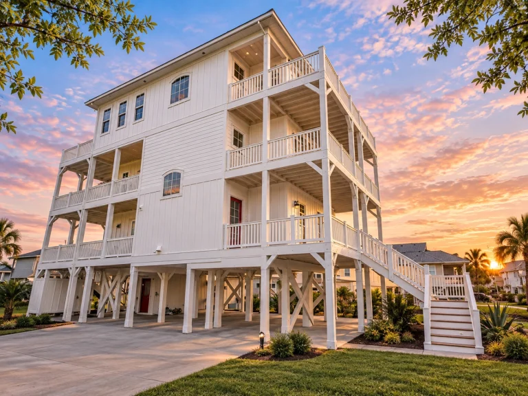 Elevated coastal beach house with lap siding, open balconies, exterior stairs, and pier foundation designed for waterfront living
