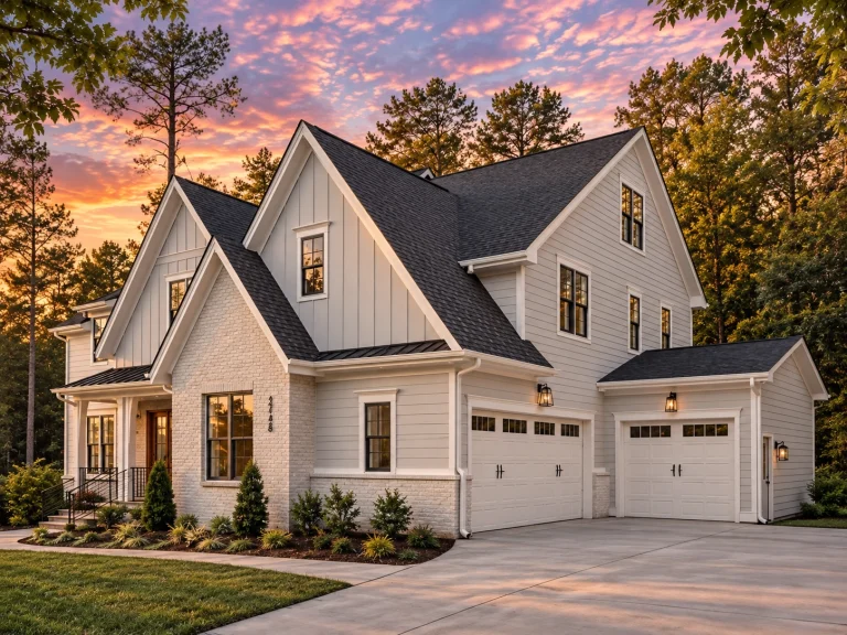 Ranch House Plans 25 Front elevation of a Modern Farmhouse style home with board and batten siding, painted brick exterior, steep gabled rooflines, and attached garage