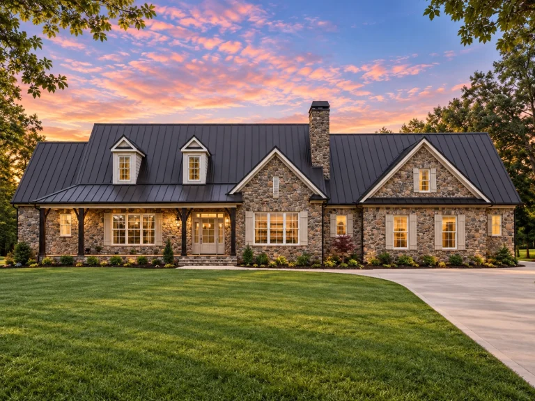 Ranch House Plans 7 Front elevation of New American Traditional style house with stone facade, white lap siding, gabled roof, and covered front porch