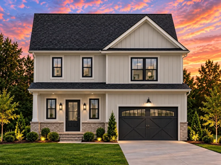 Front view of a Modern Farmhouse featuring board and batten siding, stone accents, dark trim, and symmetrical two-story elevation
