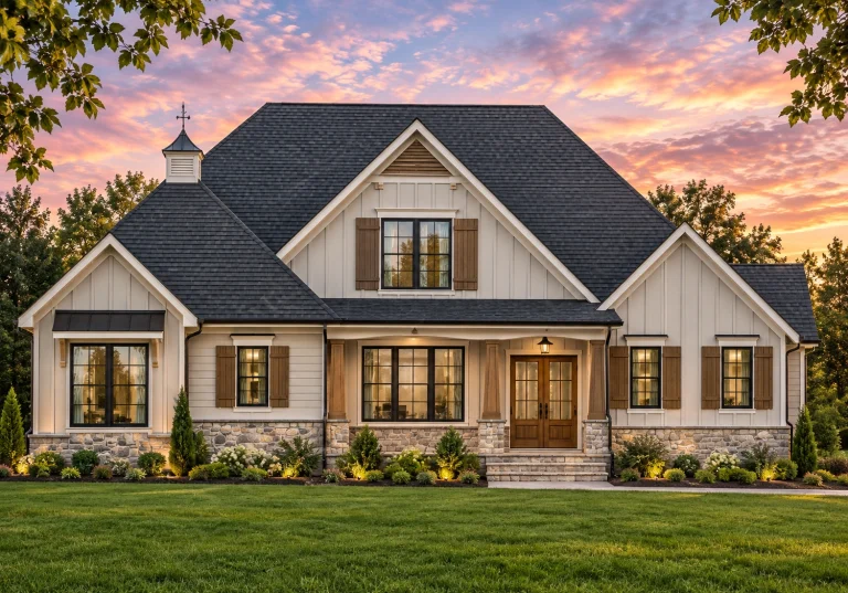 Front elevation of a Modern Farmhouse style home featuring board and batten siding, symmetrical gables, black windows, and a welcoming covered front porch