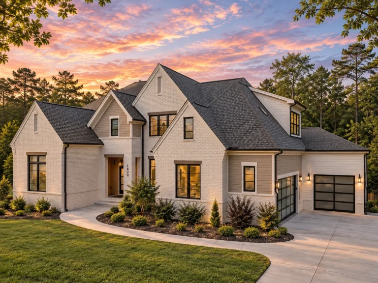 Front elevation of a New American modern traditional house featuring painted brick, board and batten accents, steep gables, and black framed windows