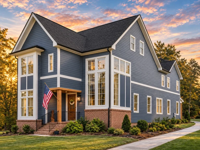 Transitional Ranch House Plans 9 Front elevation of a New American modern traditional house with board and batten siding, brick accents, tall windows, and a welcoming covered entry