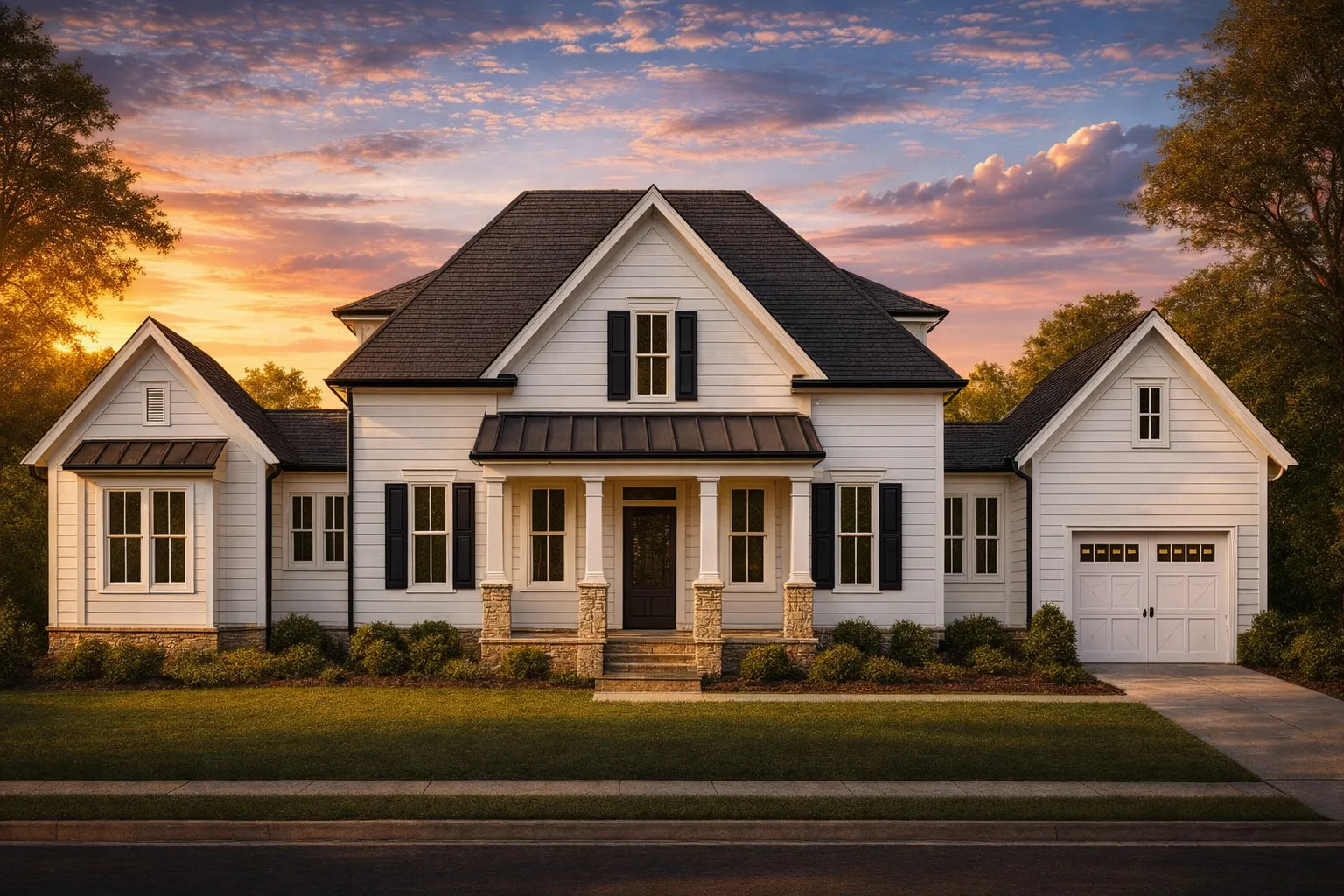 Front view of a Modern Farmhouse style home with white board and batten siding, brick porch piers, black metal porch roof, and gable dormers