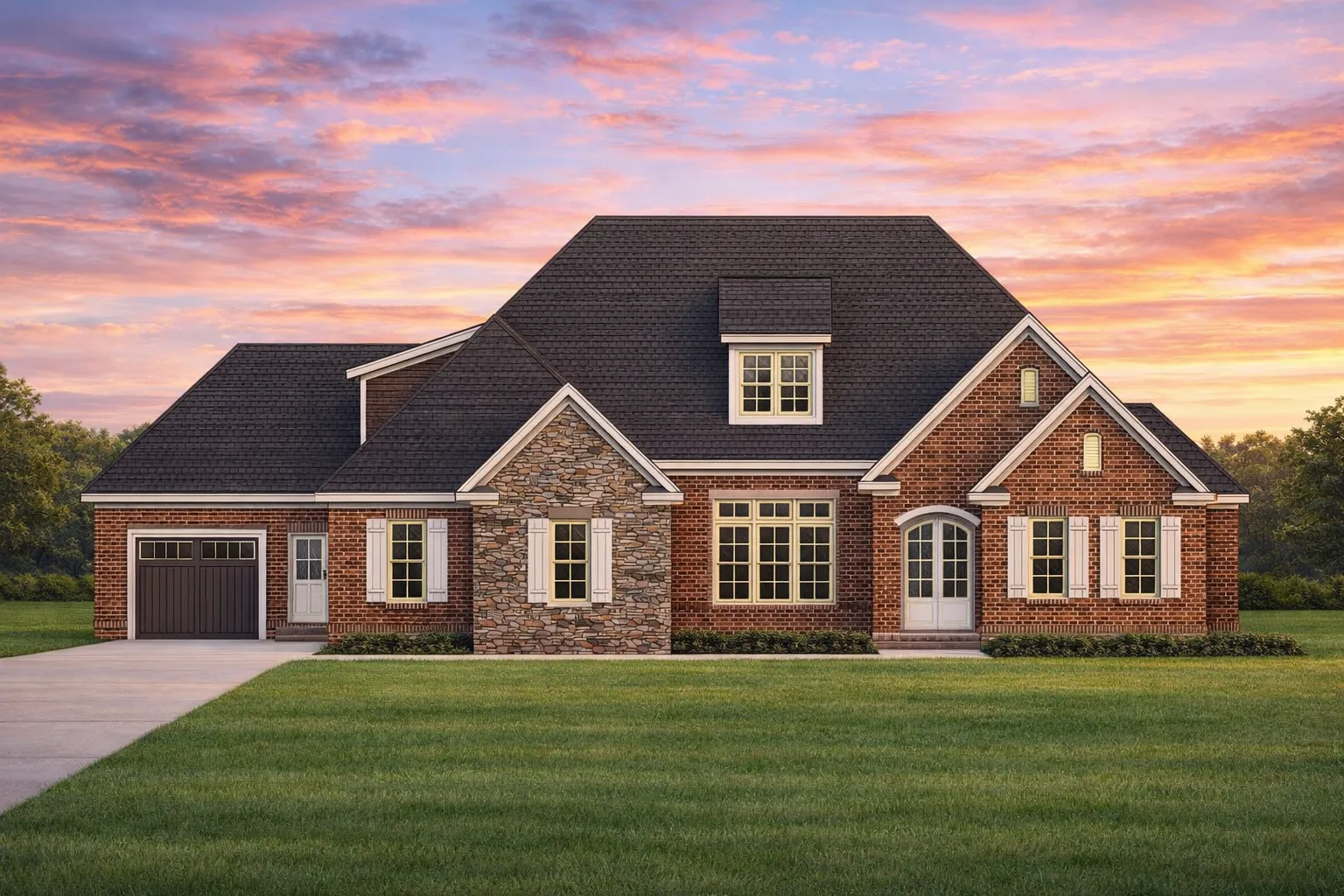 House Plans 1 Front elevation of a Traditional Neo-Colonial brick home with stone accents, symmetrical windows, and classic gabled roofline