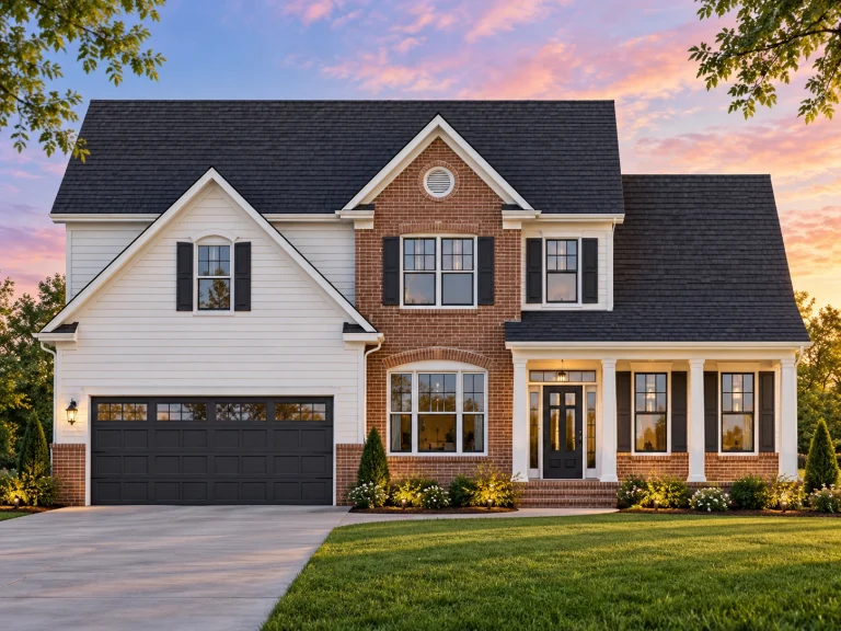 Barndominium House Plans 9 Front view of a Traditional Colonial New American style home featuring a blend of brick, stone, and horizontal siding with black shutters and teal front door