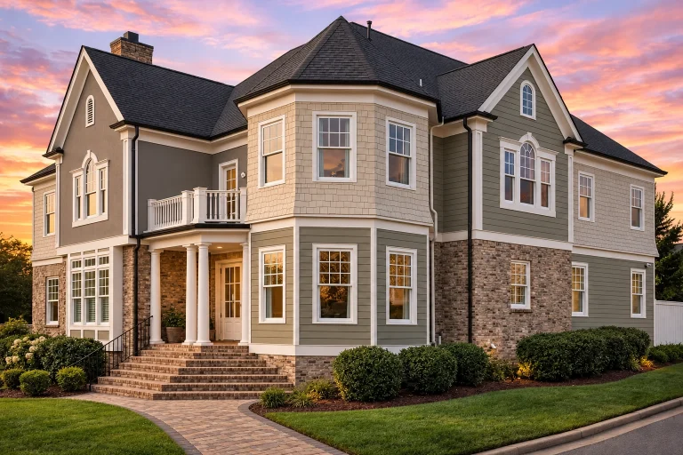 Front elevation of a Colonial Neo-Colonial style home with brick lower level, shingle siding upper story, symmetrical windows, and traditional detailing
