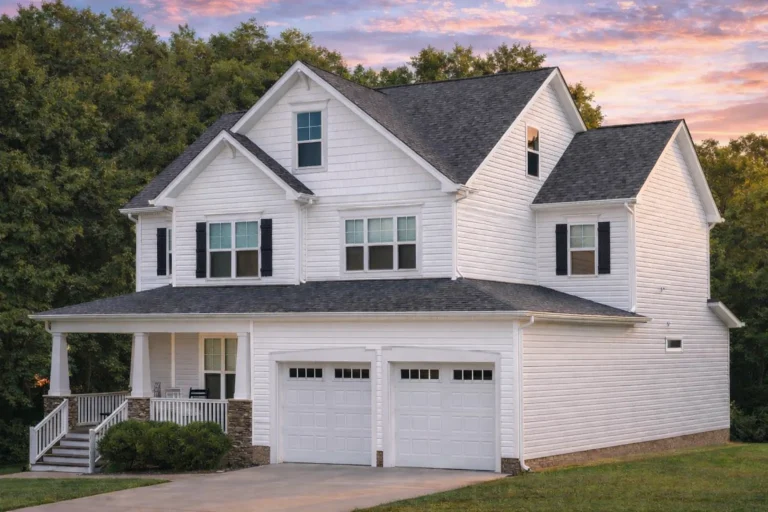 Front elevation of a New American modern traditional suburban house with horizontal siding, stone porch columns, covered front porch, and two-car garage