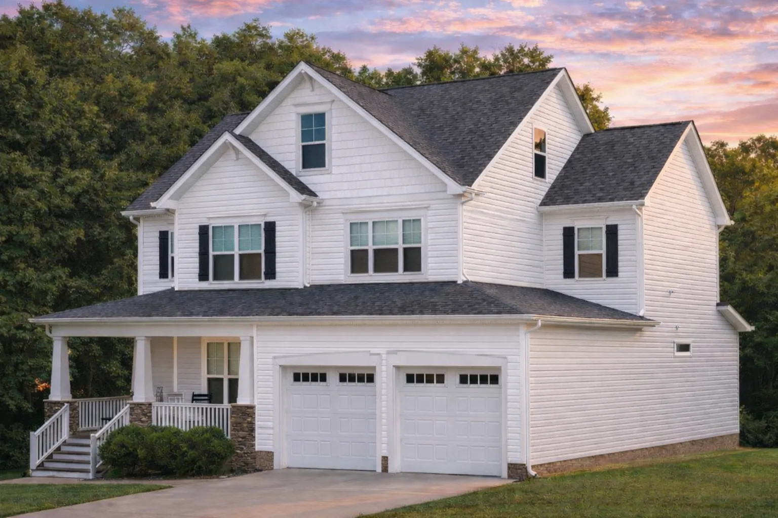 House Plans with Basement 22 Front elevation of a New American modern traditional suburban house with horizontal siding, stone porch columns, covered front porch, and two-car garage