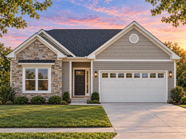 House Plans with Outdoor Kitchen 1 Front elevation of a Traditional Ranch style home featuring horizontal siding, shake gable accents, stone base detailing, and a two-car garage