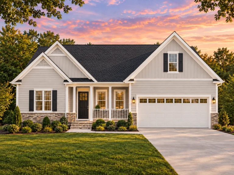 House Plans with Outdoor Kitchen 2 Front elevation of a Traditional Suburban style home with horizontal lap siding, gabled rooflines, covered porch, and attached two-car garage
