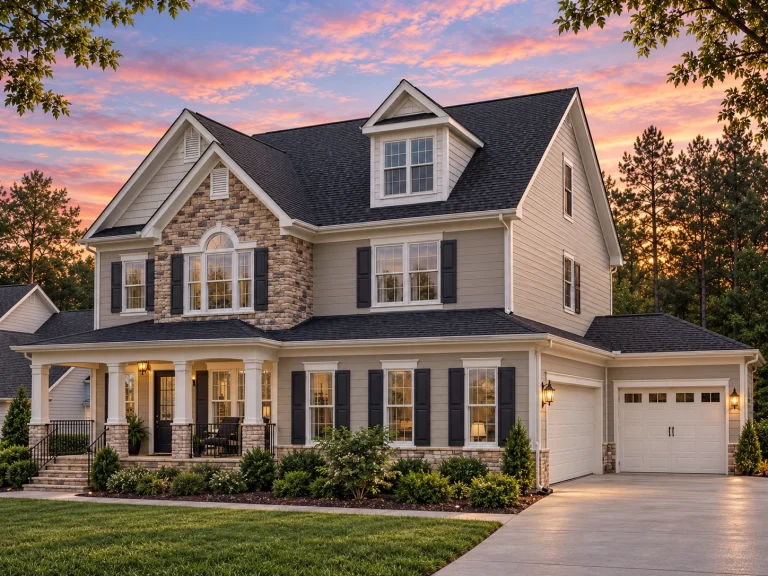 Front exterior view of a New American Modern Traditional style home with white lap siding, stone accents, black shutters, and an attached garage
