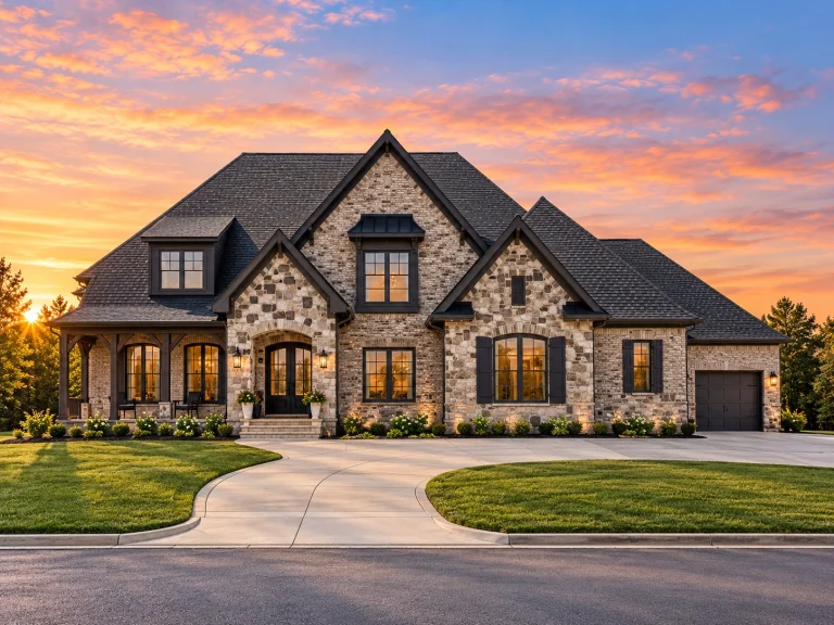 House Plans with Bedrooms on Upper Floor 9 Front elevation of a New American modern traditional house featuring board-and-batten siding, stone accents, symmetrical windows, and a steep gabled roof