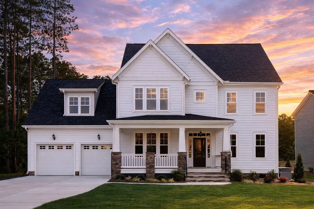 Front exterior of a New American modern traditional house featuring white lap siding, stone porch columns, symmetrical windows, and a welcoming covered entry