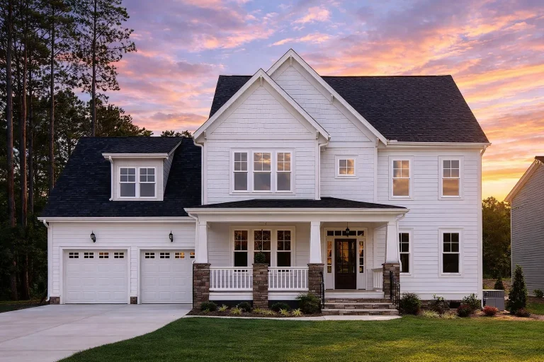 Front exterior of a New American modern traditional house featuring white lap siding, stone porch columns, symmetrical windows, and a welcoming covered entry