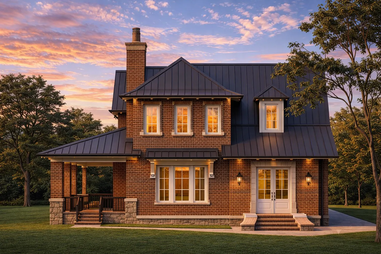 Front elevation of a New American Modern Traditional house featuring brick exterior, symmetrical windows, covered entry, and metal roof accents