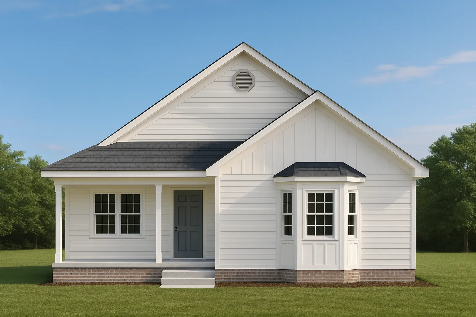 Front elevation of a Classic Cottage Ranch home featuring white board and batten siding, brick foundation accents, and a welcoming covered porch