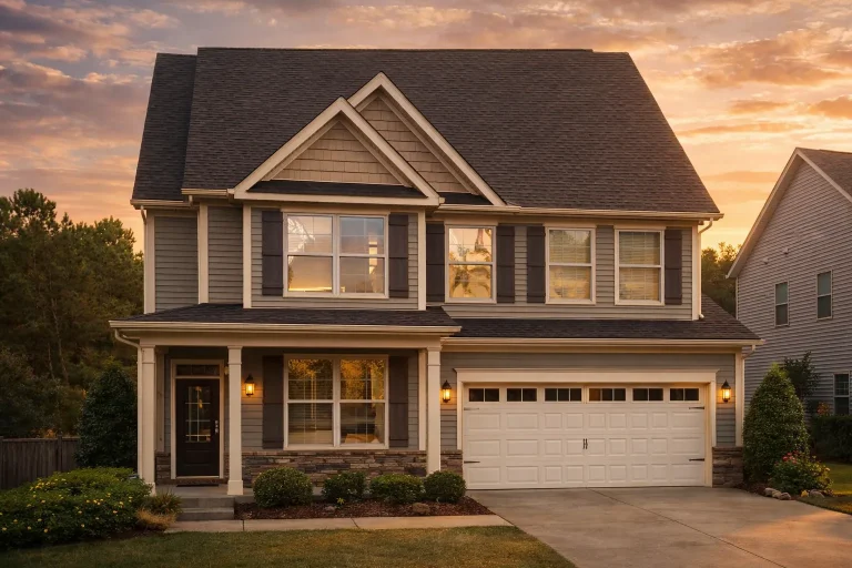 Front exterior of a Traditional New American style home with horizontal siding, stone accents, covered porch, and two-car garage