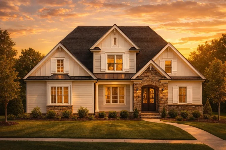 Front exterior of a New American Modern Farmhouse style home featuring board and batten siding, stone accents, gabled rooflines, and a welcoming covered entry