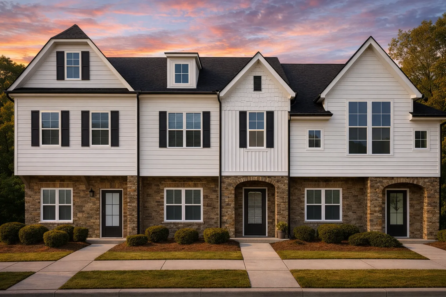 Front elevation of a traditional townhouse featuring brick, horizontal lap siding, and board and batten details with arched entryways