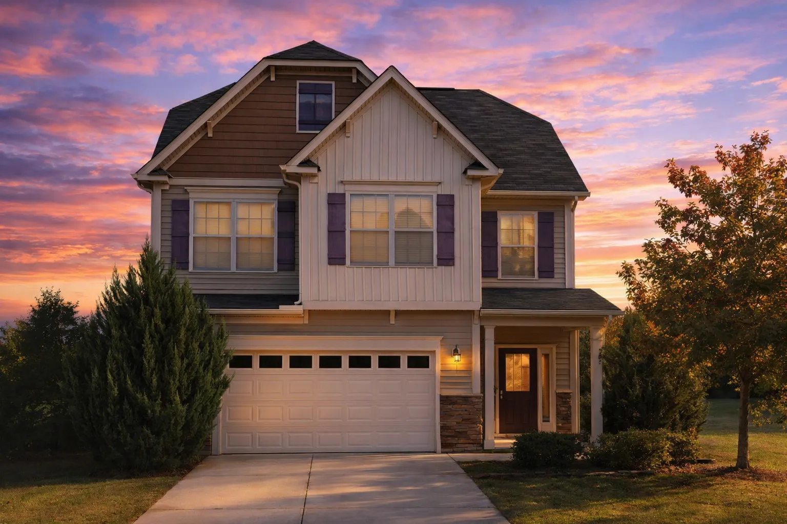 Front elevation of a two-story Traditional Colonial style home featuring board and batten siding, horizontal lap siding, and stone accents around the base with a front-entry garage.