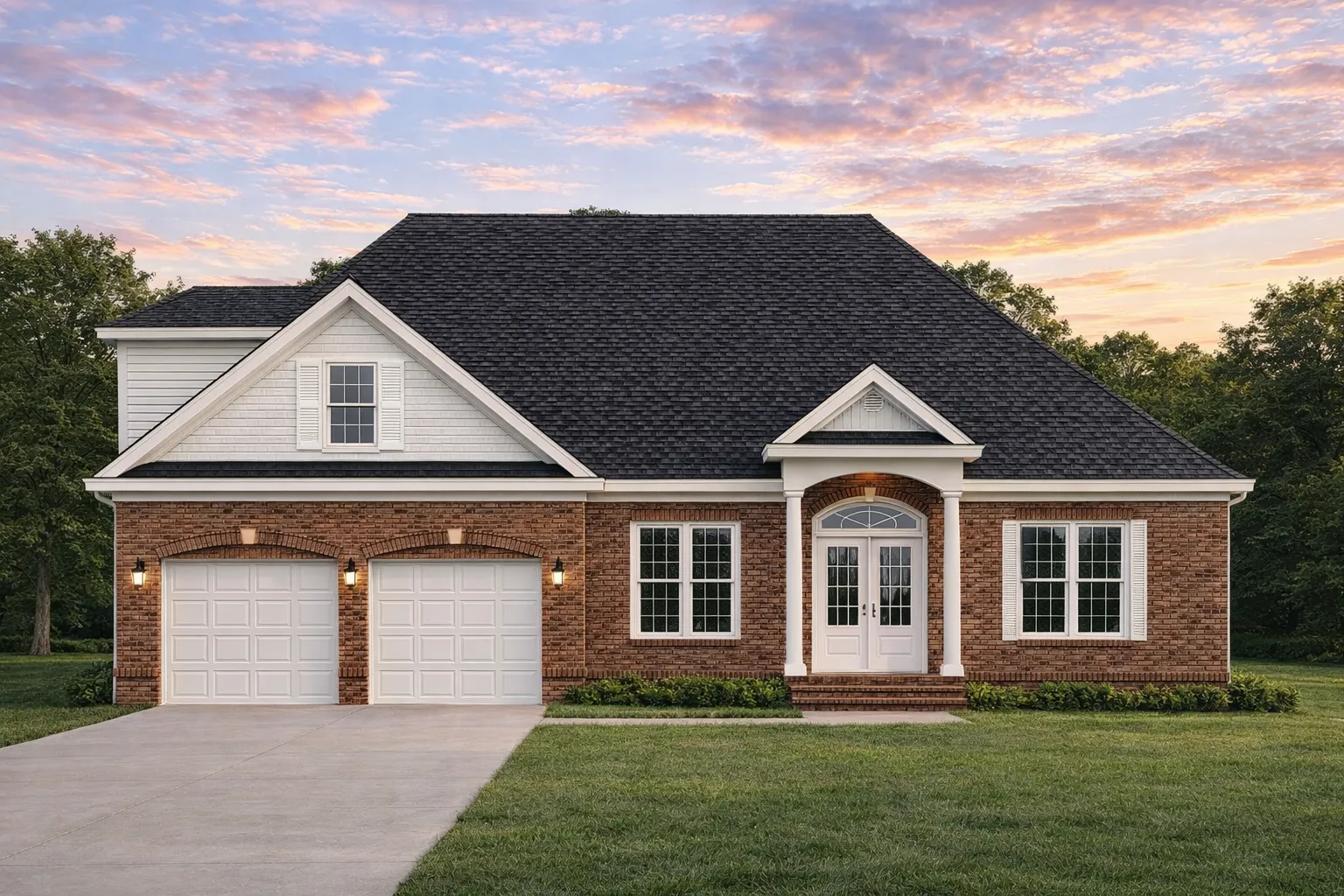 Front elevation of a traditional brick Colonial style home with symmetrical façade, white trim, shutters, and two-car garage