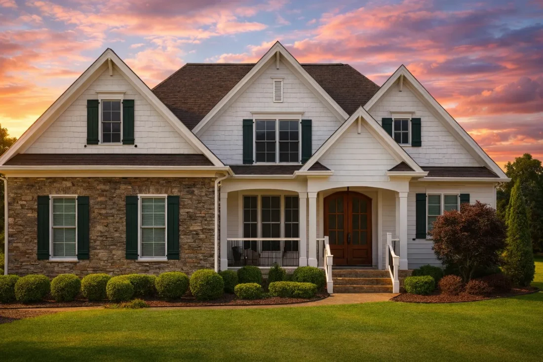 Front elevation of a New American Craftsman home with stone veneer, lap siding, gabled rooflines, and covered front porch