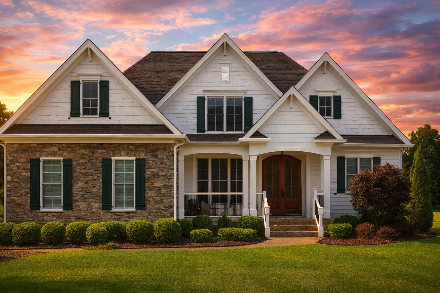 Front elevation of a New American Craftsman home with stone veneer, lap siding, gabled rooflines, and covered front porch