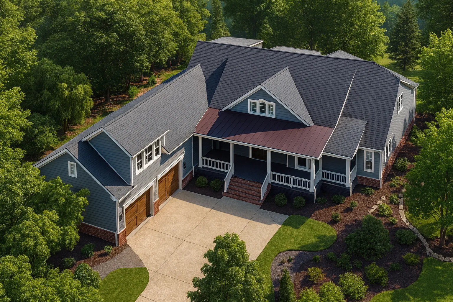 Front view of a Modern Farmhouse and Southern Farmhouse style home featuring board and batten siding, horizontal lap siding, and brick foundation accents