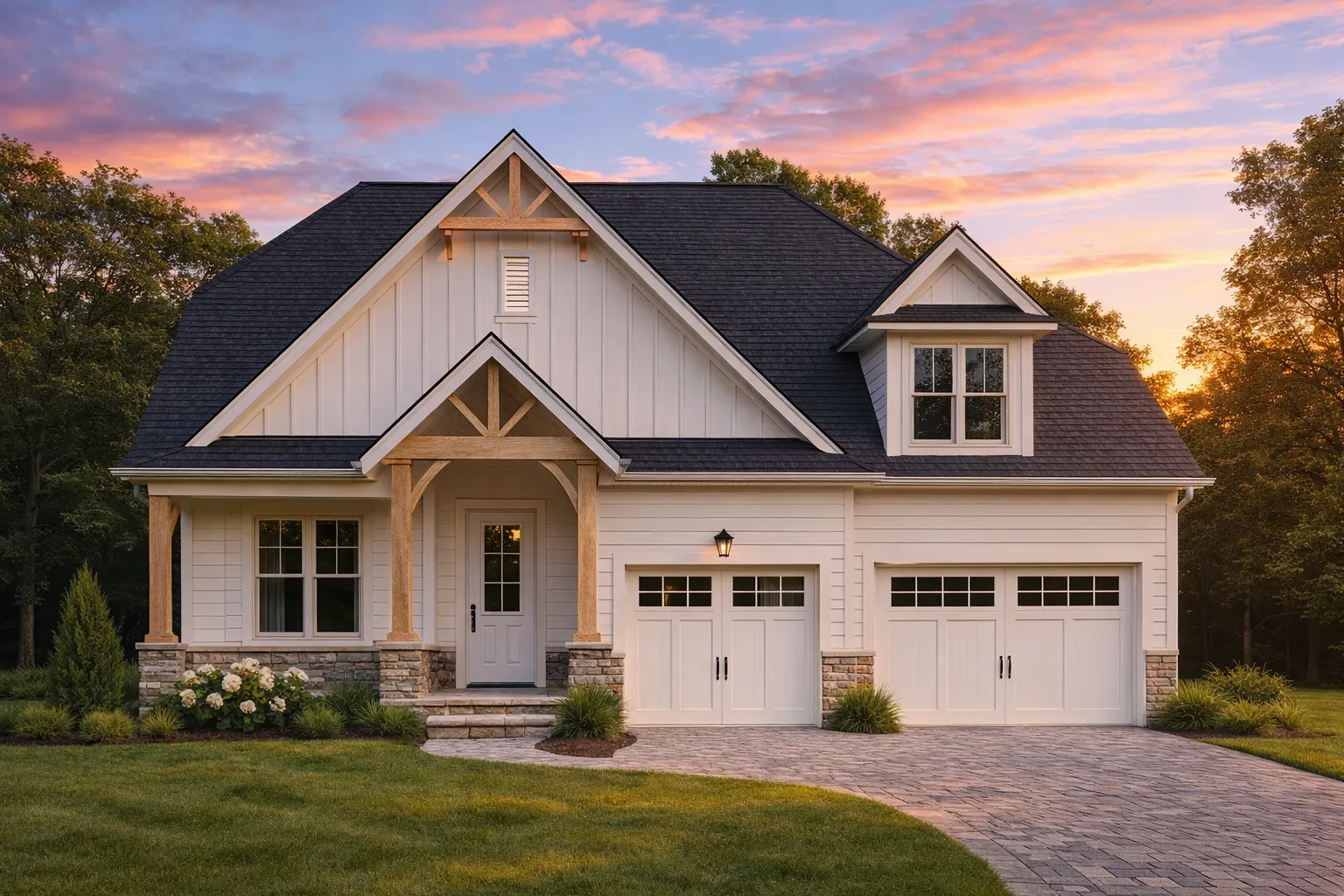 Front elevation of a Craftsman farmhouse style home featuring board and batten siding, stone accents, gabled rooflines, and a covered porch