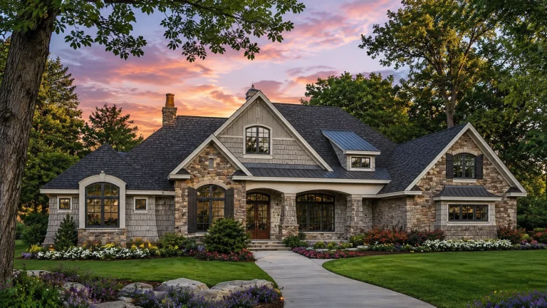 Front exterior view of a Tudor Revival style home featuring stone and brick façade, steep gabled rooflines, arched windows, and traditional European detailing