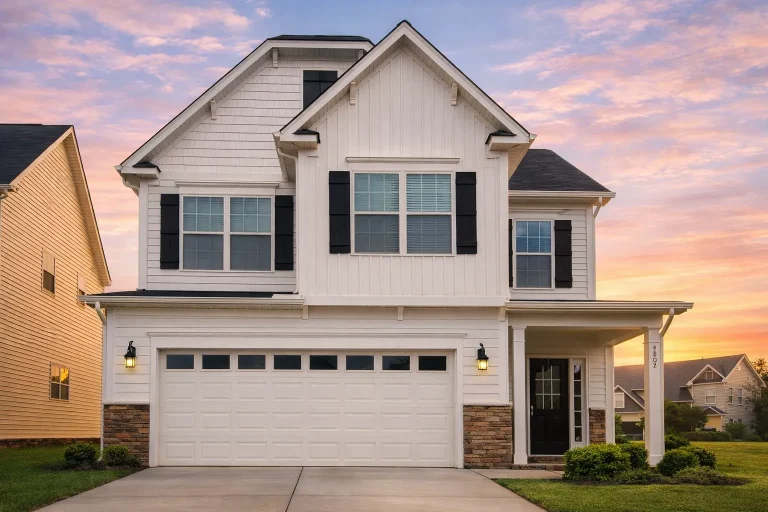Front elevation of a two-story Traditional Colonial style home featuring board and batten siding, horizontal lap siding, and stone accents around the base with a front-entry garage.