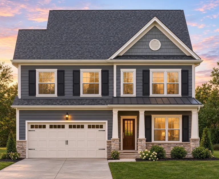 Front view of a Traditional Colonial style house featuring a stone-accented first floor, horizontal lap siding, and a welcoming red front door with shutters