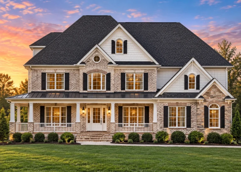 Front elevation of a Traditional Colonial style home with horizontal siding, brick accents, symmetrical windows, and covered front porch