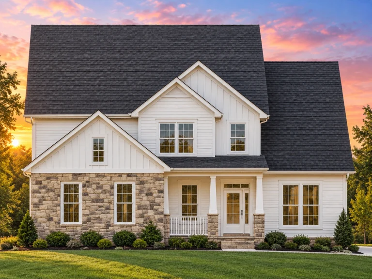 Front elevation of a Modern Farmhouse with board and batten siding, stone base, black trim windows, and a covered front porch entry